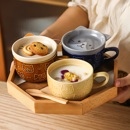 Cutties Mug Set: Japanese Cartoon Pet Design with Lid & Dish